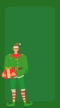 Green social media stories background template with Christmas elf holding gift. vector