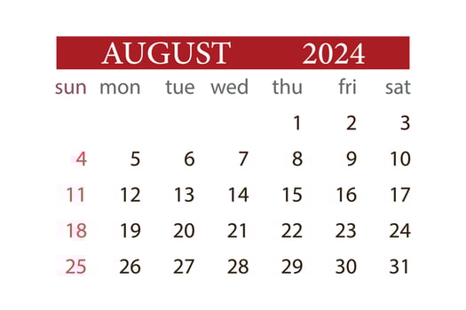 AUGUST 2024 calendar monthly planner start sunday template vector. vector