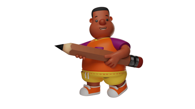 3D Illustration. The adorable fat student 3D cartoon character. The fat boy stood up while holding a giant brown pencil. Cute student is ready to study with his friends. 3D cartoon character png