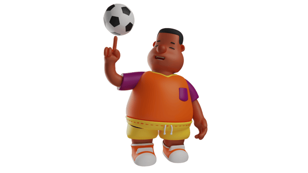 3D Illustration. Little Soccer Player 3D cartoon character. Little kids who like to play football. A fat boy who has a hobby of playing ball is playing the ball with one hand. 3D cartoon character png