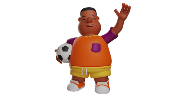 3D Illustration. Kind -hearted Boy 3D cartoon character. Fat boy holds the ball and waving his hand at the friend. Friendly boy smiled and invited his friend to play football. 3D cartoon character png