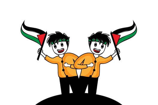 Two cartoon people holding up palestinian flags vector