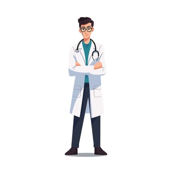 The doctor is standing confidently with crossed arms. Flat Style Cartoon Illustration. vector