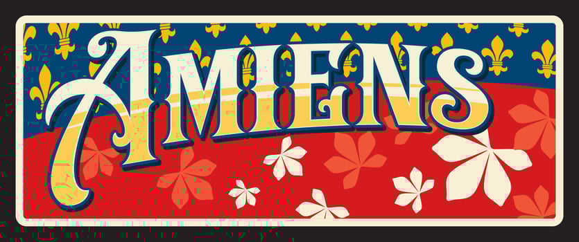 Amiens city in France, retro travel plate vector