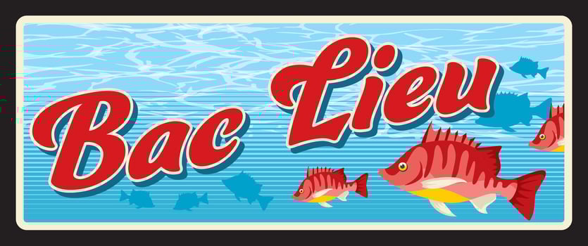 Bac Lieu province, retro travel plate vector