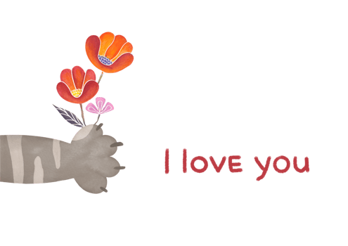 layout for Valentine's Day card on February 14th with inscription I love you. watercolor greeting card with frame on transparent background. cat's paw holds out flower. romantic relationship, Love png
