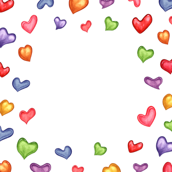 Square celebration frame of multicolored hearts. Hearts that look like delicious candies. Copy space for text. Watercolor illustration. For Valentine day, birthday, mother day cards png