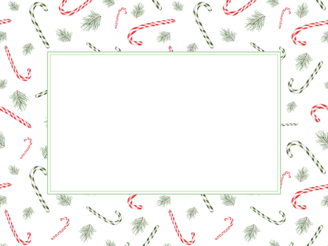 Red and green candy canes, pine branches. Horizontal frame with copy space for text. Bonbons, candies, sugar caramels, Christmas tree, conifer twig. Delicious ornament. Watercolor illustration png