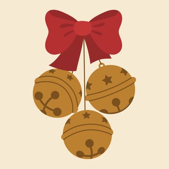 Isolated hanging Christmas jingle bells with red bow in flat retro cartoon style. vector