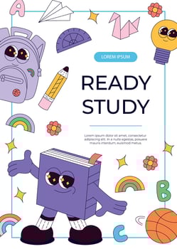 Promo flyer with funky retro groovy book character, backpack, pencil, rainbow. Back to school. Children's stationery, funny study school supplies. Nostalgia 60s, 70s, 80s. A4 for poster, cover vector