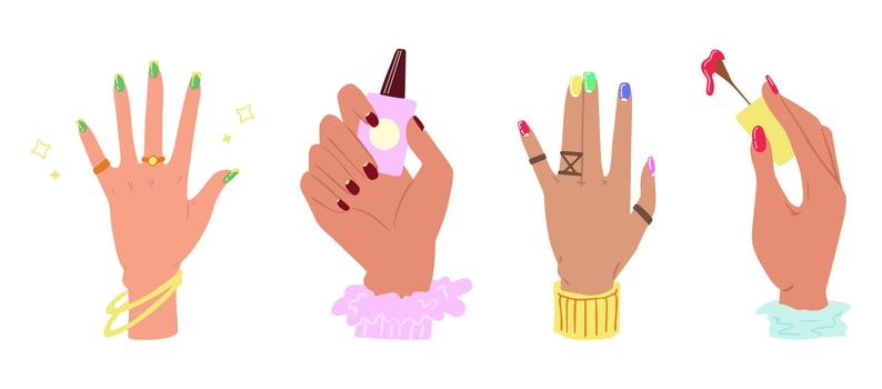 Set of female hands with colored manicured nails, rings. Nails design. Hand drawn colored modern vector illustration isolated on white.