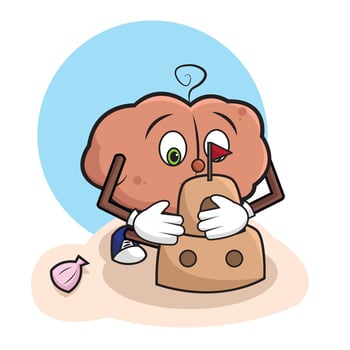Isolated brain cartoon character building a sand castle Vector illustration