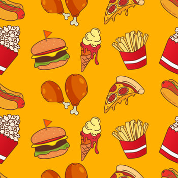 Fast food elements seamless pattern on yellow background vector illustration. Easily modifiable vector elements.