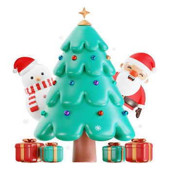 Merry Christmas and Happy New Year. Christmas Santa Claus with Christmas tree, bauble ball, gift box, snowman. Realistic 3d design of objects for Holiday card, banner, web poster, ads. 3D Rendering png