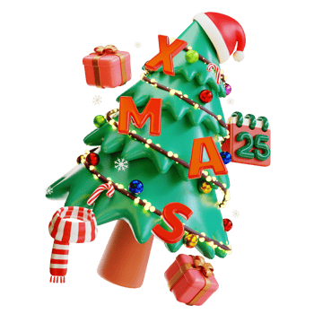 Merry Christmas and Happy New Year. Christmas tree with ornaments bauble ball, gift box, candy cane. Realistic 3d design of objects for Holiday card, banner, web poster, ads. 3D Rendering png