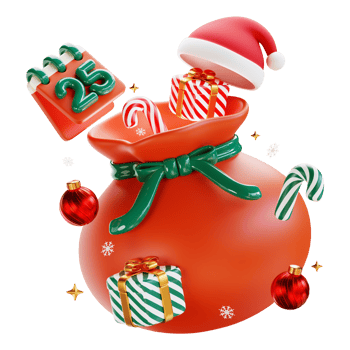 Merry Christmas and Happy New Year. Christmas ornaments bauble ball, gift box, hat, candy cane. Realistic 3d design of objects and decorated for Holiday card, banner, web poster, ads. 3D Rendering png