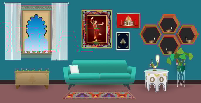 Retro India living room interior design. Flat style vector illustration
