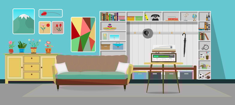 Retro colorful living room interior design. Flat style vector illustration