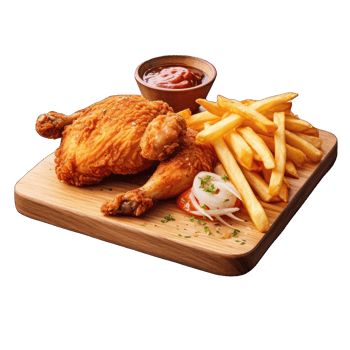 AI generated Fried chicken with french fries on wooden table isolated on a transparent background png