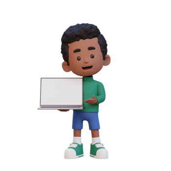 3D kid Character Holding and Presenting to a Laptop with Empty Screen png
