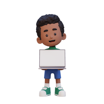 3D kid Character Holding and Presenting to a Laptop with Empty Screen png