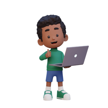 3D cute kid character give a thumb up while holding a laptop png