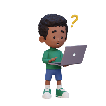 3D cute kid character confused on a laptop png