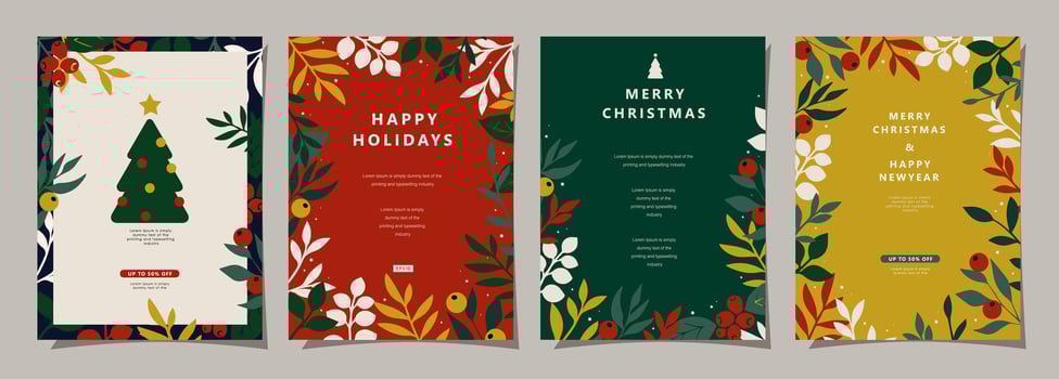 Set of Merry Christmas and Happy New Year background. Greeting and invitation card, web banner, holiday cover, flyer, poster design templates. Modern flat vector illustration.