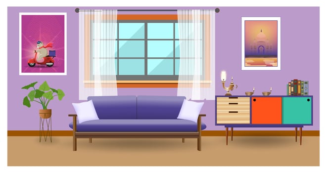Retro colorful living room interior design. Flat style vector illustration eps10