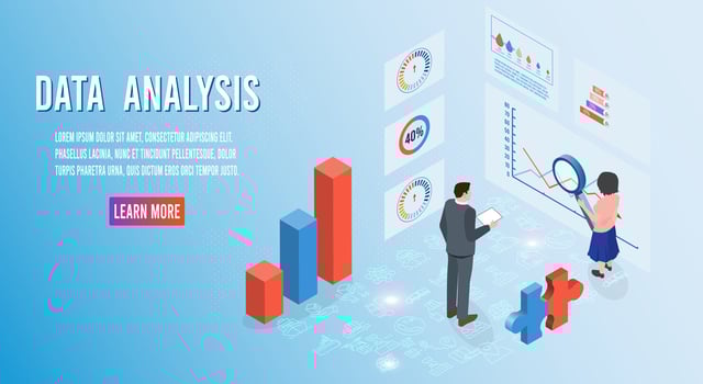 Modern 3d isometric design concept of Data Analysis with business people team working with Data Visualization for website and mobile website. Vector Illustration eps10