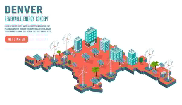 Denver Renewable energy wind turbines with solar panels and sunset on the roof showing clean  and polluting electricity generation production. Flat Isometric Vector Illustration Eps 10.