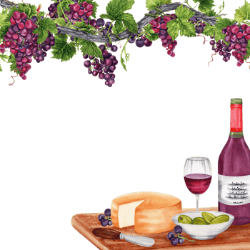 Border frame with cheese, wine glass, bottle, plate of green olives, knife on wooden board. Bunches of grapes on vine branch. Watercolor illustration isolated on transparent background. Card design. png