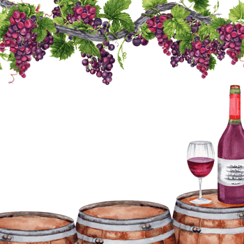 Border frame with wine glass and bottle, wooden barrel under bunches of grapes with green leaves on vine branch. Hand drawn watercolor illustration isolated on transparent background. Card design. png