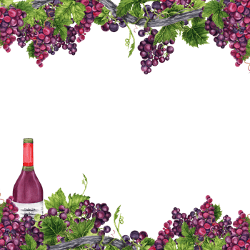 Border frame with bunches of grapes with green leaves, vine branches and a wine bottle. Watercolor illustration isolated on transparent background. Card, invitations, wine tasting, menu design png
