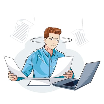 Businessman. A worried young man reviews documents and business agreements. Vector illustration
