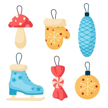 Christmas set of various tree decorations. Cone, mitten, skates, candy, fly agaric and ball toy. Winter Holidays collection for postcard, banner, wrapping paper. Vector illustration.