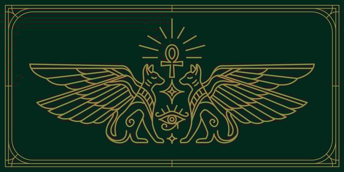 Two winged egypt cats, sacred eye of god Horus. Ancient Egypt vintage art hipster line art Illustration vector with eye of horus with Sacred scarab wings wall art design in outline minimal design