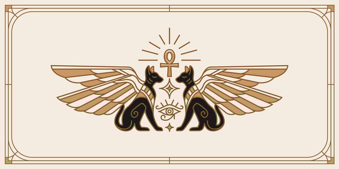 Two winged egypt cats, sacred eye of god Horus. Ancient Egypt vintage art hipster line art Illustration vector with eye of horus with Sacred scarab wings wall art design in outline minimal design