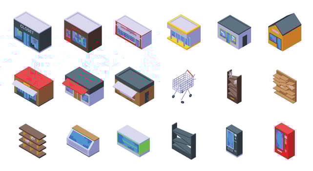 Abandoned store icons set isometric vector. Food market closed vector