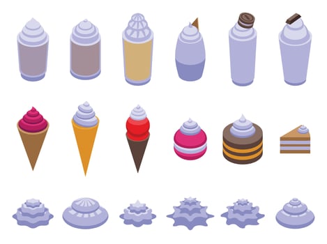 Ice vanilla foam icons set isometric vector. Cake cream vector