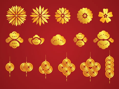 set Contemporary art gold flower blossom and coin design for decorate festival culture oriental vector