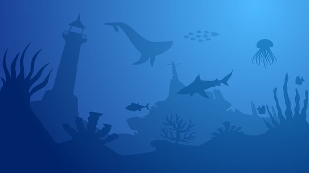 Seascape vector illustration. Scenery of sunken lighthouse and shipwreck at the bottom of the sea. Underwater panorama for illustration, background or wallpaper