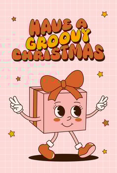 Groovy 70s Christmas card with cute character. Trendy retro cartoon style. Festive greeting card, print, invitation, poster, banner, background. vector