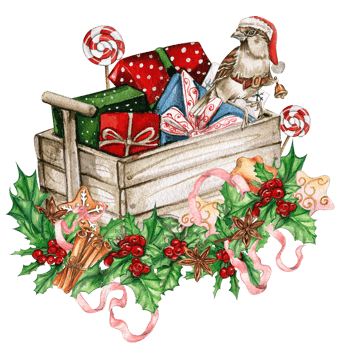 Christmas gifts in the wooden cart. png