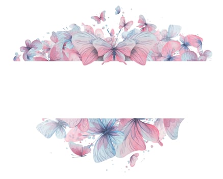 Butterflies are pink, blue, lilac, flying, delicate with wings and splashes of paint. Hand drawn watercolor illustration. Frame, banner, template on a white background, for design vector