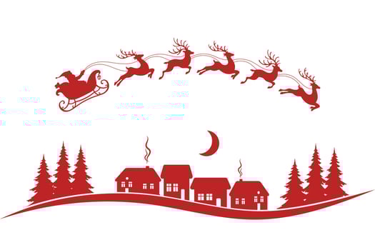 Santa on a sleigh with reindeers in the sky with the moon, winter landscape, silhouette on a white background. Christmas illustration, vector