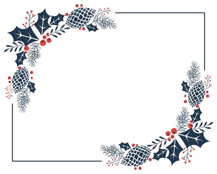 Christmas frame with pine cones, berries and holly leaves on a white background. Christmas wreath, vector