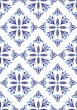 Seamless pattern of traditional ornament in blue and white colours. Vector background for textile, fabric, lienen, paper, web. Russian seamless pattern in gzhel style.