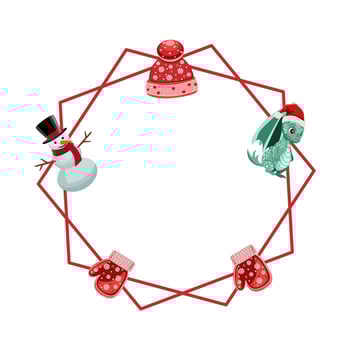 Holiday frame with cute dragon in Santa Claus hat and snowman with knitted clothes vector