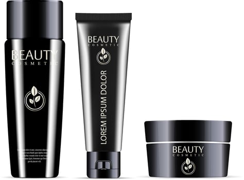 Glossy black cosmetic bottles mockup set. Bottle for shampoo or hair conditioner, Tube Packaging, cream jar with brand logo and label. vector